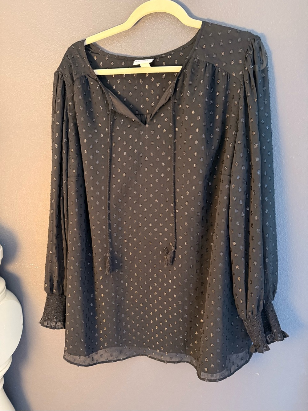 Ava & Viv Black Sparkle Swiss Dot Tie-Neck Peasant Blouse